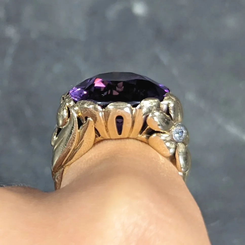 1940's Diamond Amethyst 14 Karat Two-Tone Gold Daisy Floral Retro Vintage Cocktail Ring