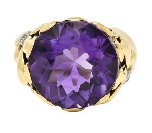 1940's Diamond Amethyst 14 Karat Two-Tone Gold Daisy Floral Retro Vintage Cocktail Ring