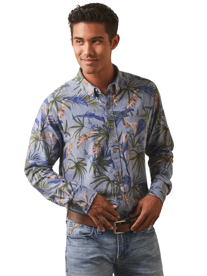 Ariat 10043710 Mens Wrinkle Resist Paradise Palm Stretch Modern Fit Shirt Chambray Blue