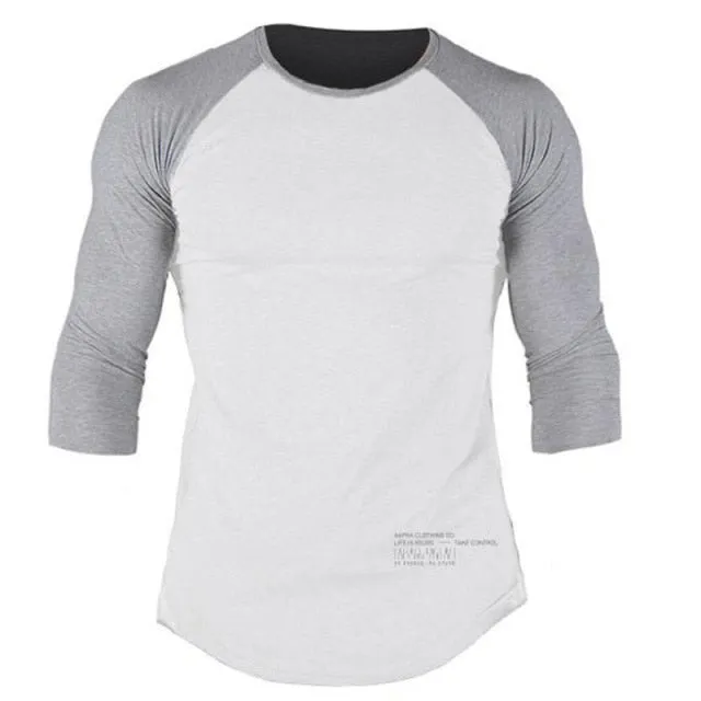 Men Gym Fitness T-shirt Cotton Shawl sleeve shirts Bodybuilding Slim Fit