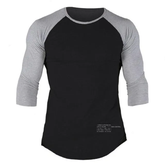 Men Gym Fitness T-shirt Cotton Shawl sleeve shirts Bodybuilding Slim Fit