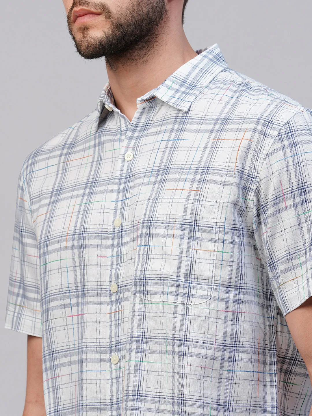 Men's Blue Cotton Regular Fit Checked Shirt