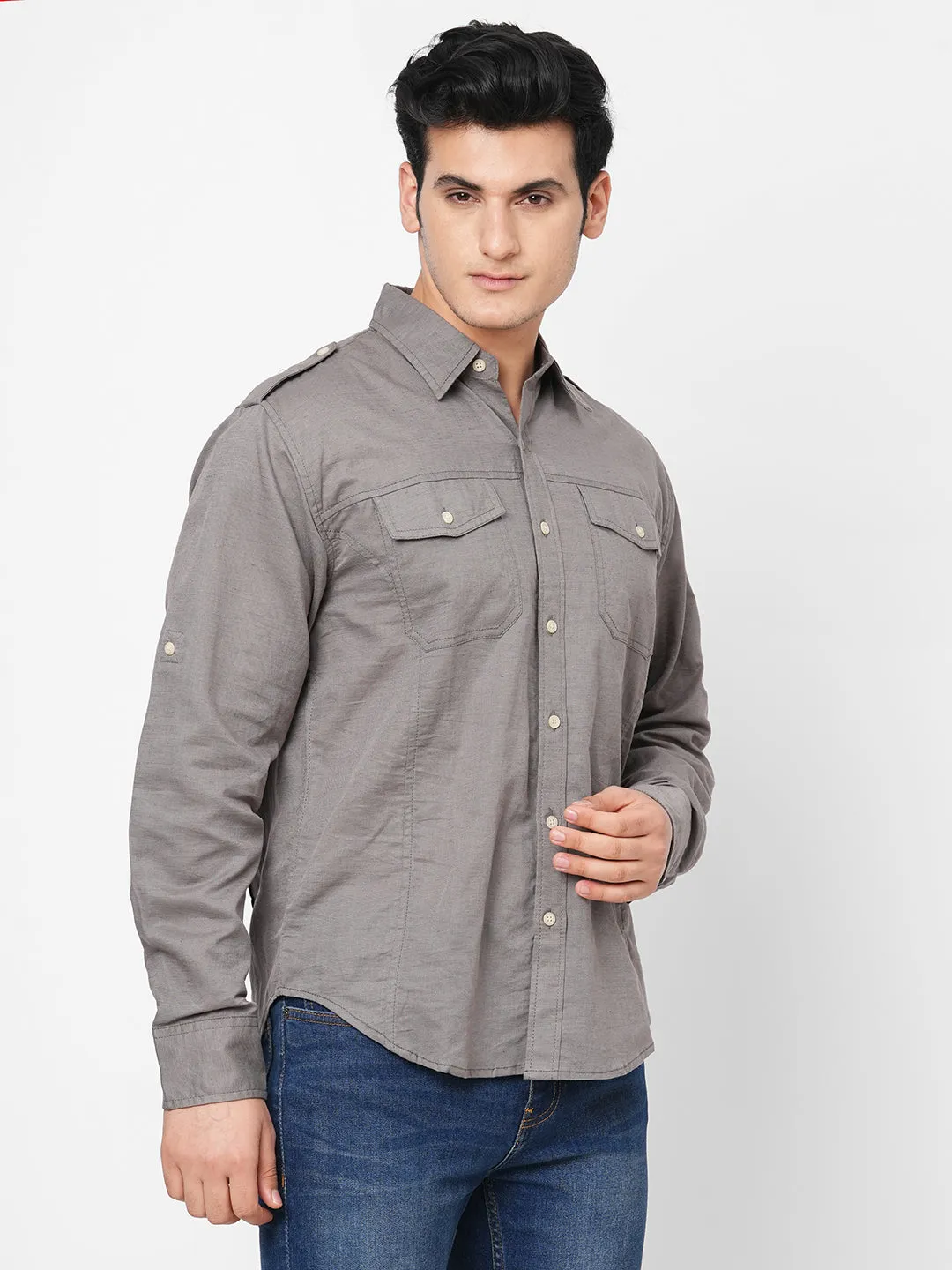 Men's Grey Linen Cotton Regular Fit Shirt