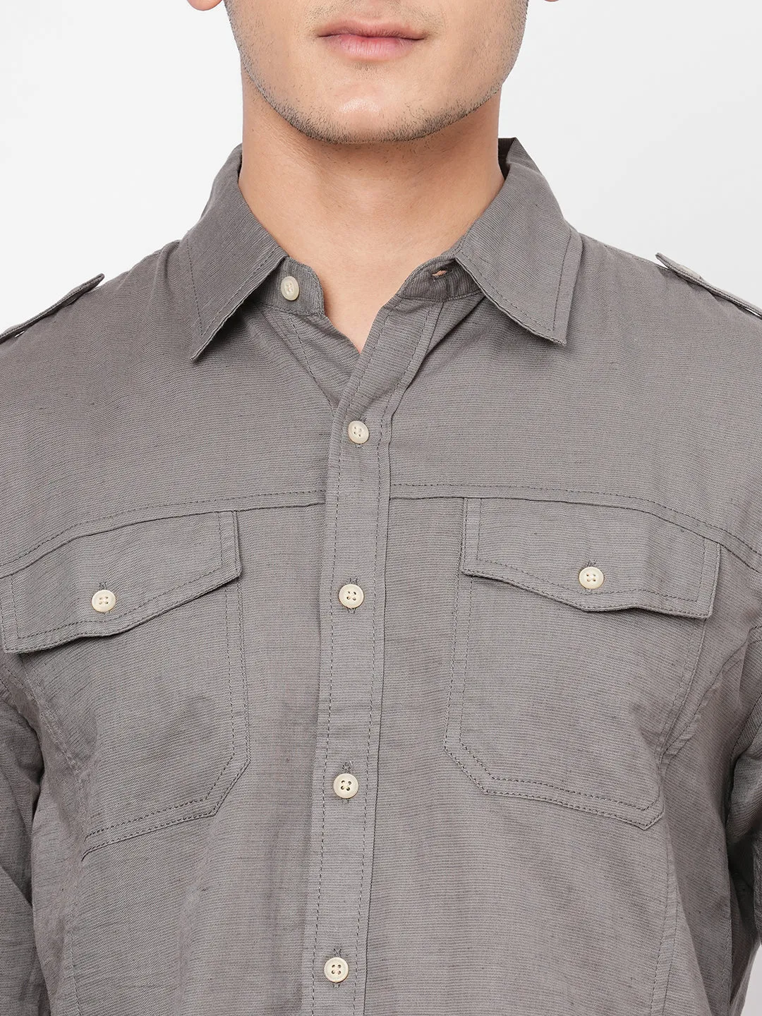 Men's Grey Linen Cotton Regular Fit Shirt