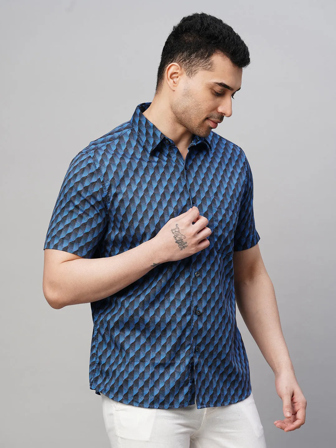 Men's Navy Cotton Regular Fit Printed Shirt