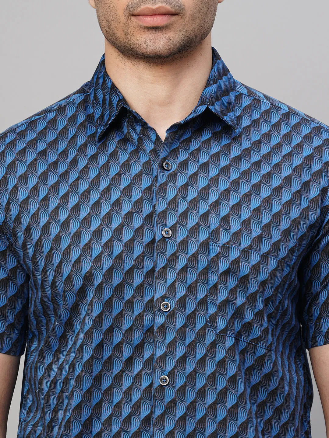 Men's Navy Cotton Regular Fit Printed Shirt