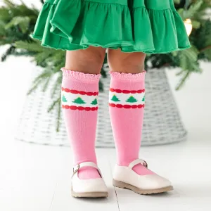 Pink Tree Lace Top Knee High Socks